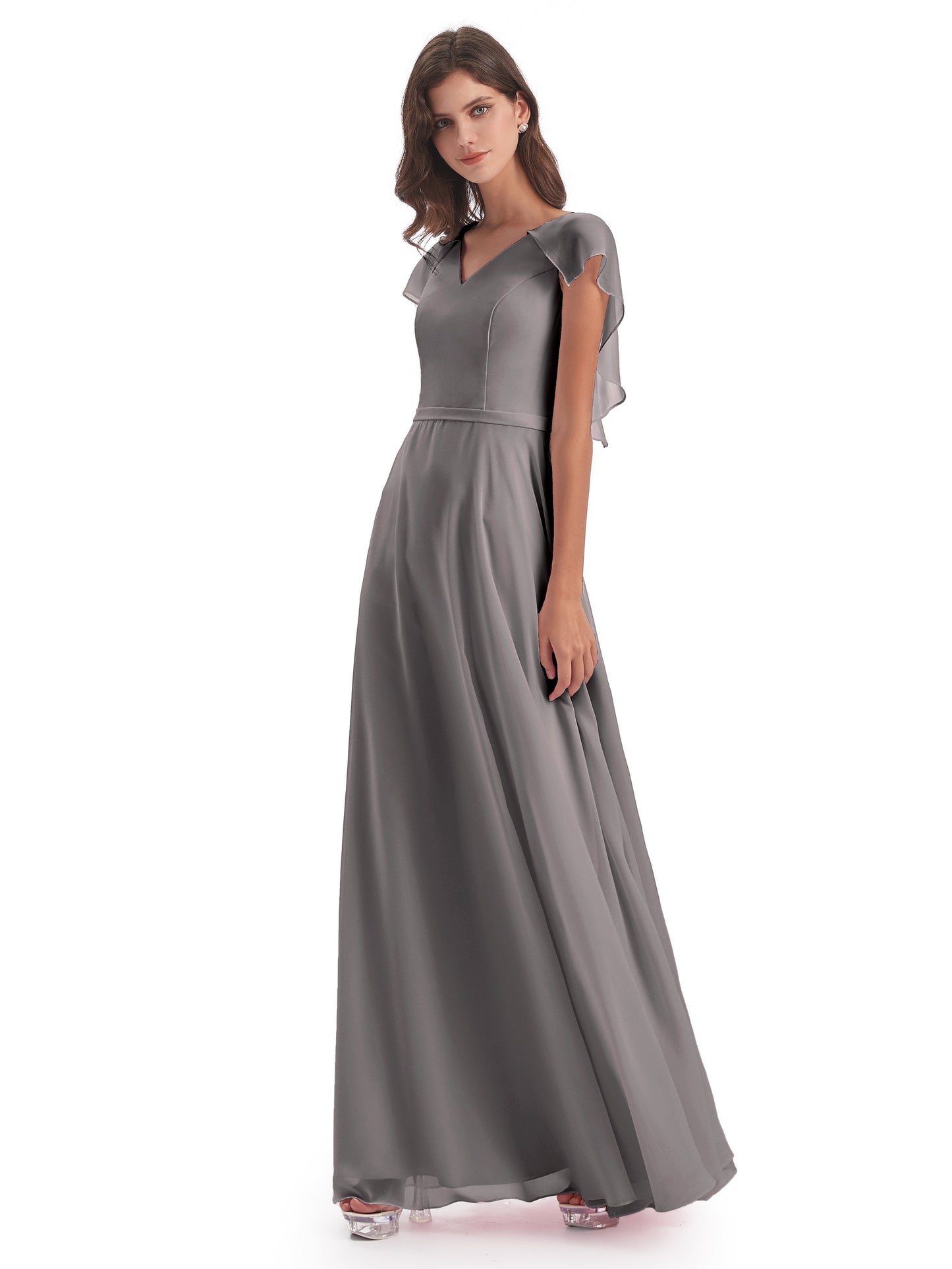 Paityn Sheath V-neck Ruffles Chiffon Long Bridesmaid Dresses