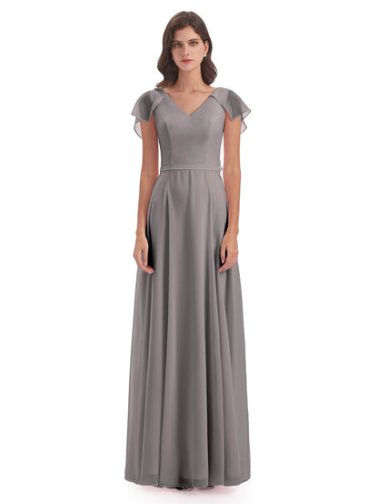 Paityn Sheath V-neck Ruffles Chiffon Long Bridesmaid Dresses