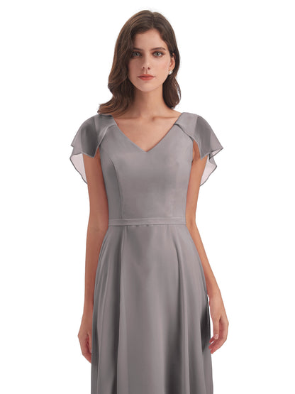 Paityn Sheath V-neck Ruffles Chiffon Long Bridesmaid Dresses