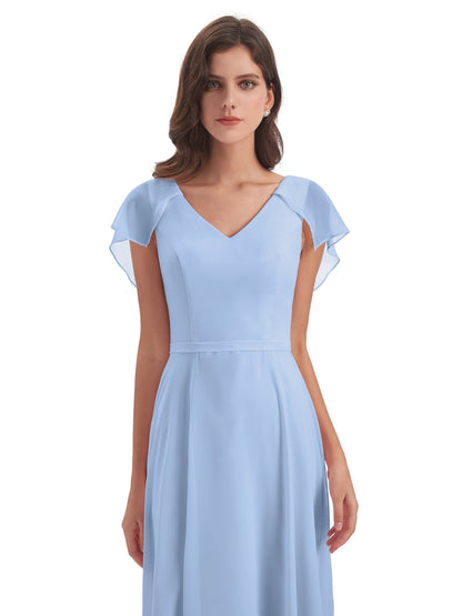 Paityn Sheath V-neck Ruffles Chiffon Long Bridesmaid Dresses