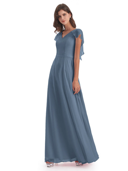 Paityn Sheath V-neck Ruffles Chiffon Long Bridesmaid Dresses