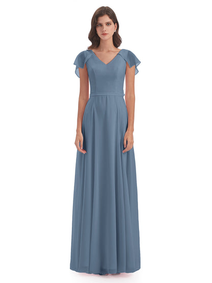 Paityn Sheath V-neck Ruffles Chiffon Long Bridesmaid Dresses