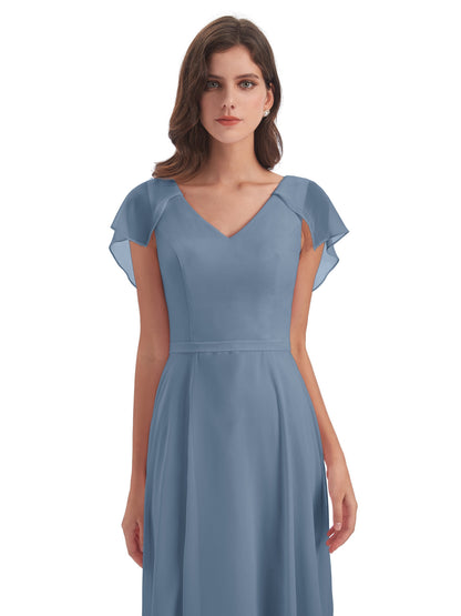 Paityn Sheath V-neck Ruffles Chiffon Long Bridesmaid Dresses
