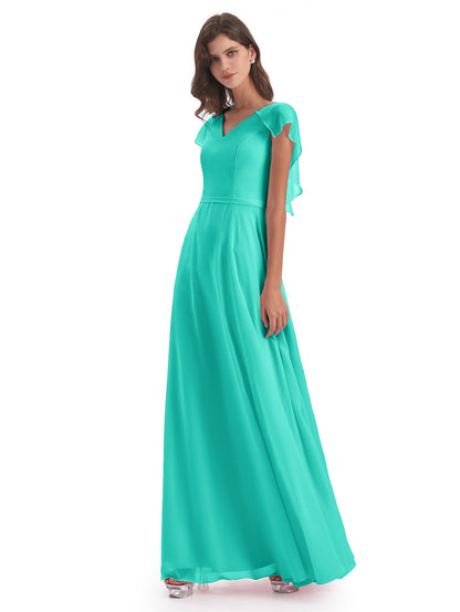 Paityn Sheath V-neck Ruffles Chiffon Long Bridesmaid Dresses