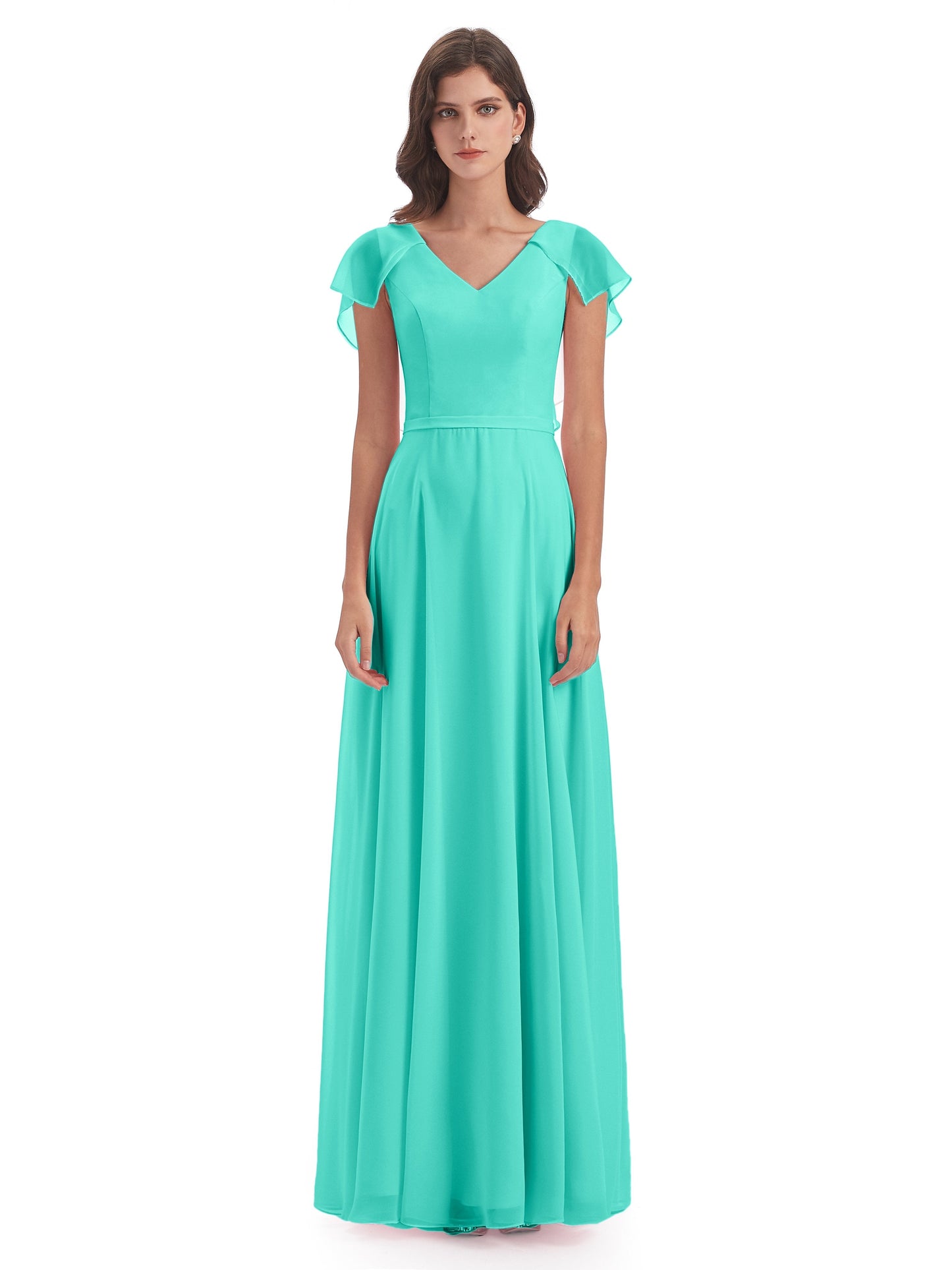 Paityn Sheath V-neck Ruffles Chiffon Long Bridesmaid Dresses