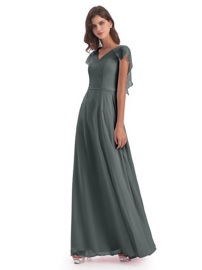Paityn Sheath V-neck Ruffles Chiffon Long Bridesmaid Dresses