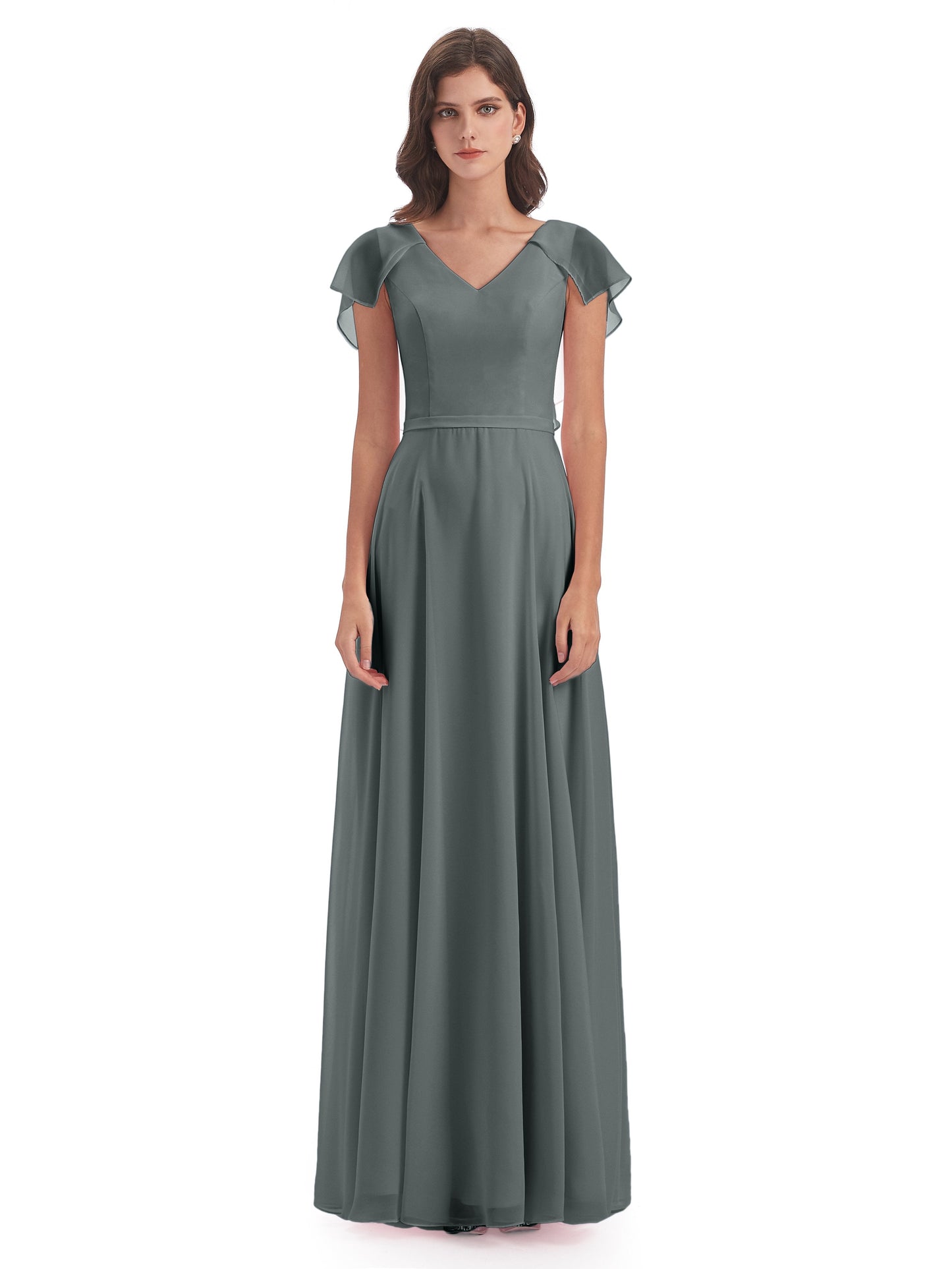 Paityn Sheath V-neck Ruffles Chiffon Long Bridesmaid Dresses