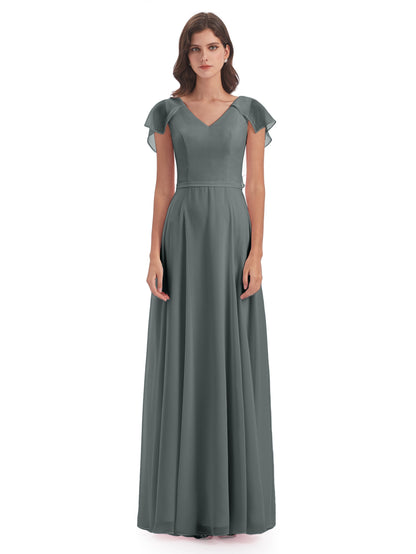 Paityn Sheath V-neck Ruffles Chiffon Long Bridesmaid Dresses