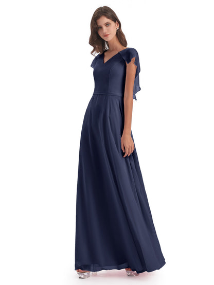 Paityn Sheath V-neck Ruffles Chiffon Long Bridesmaid Dresses