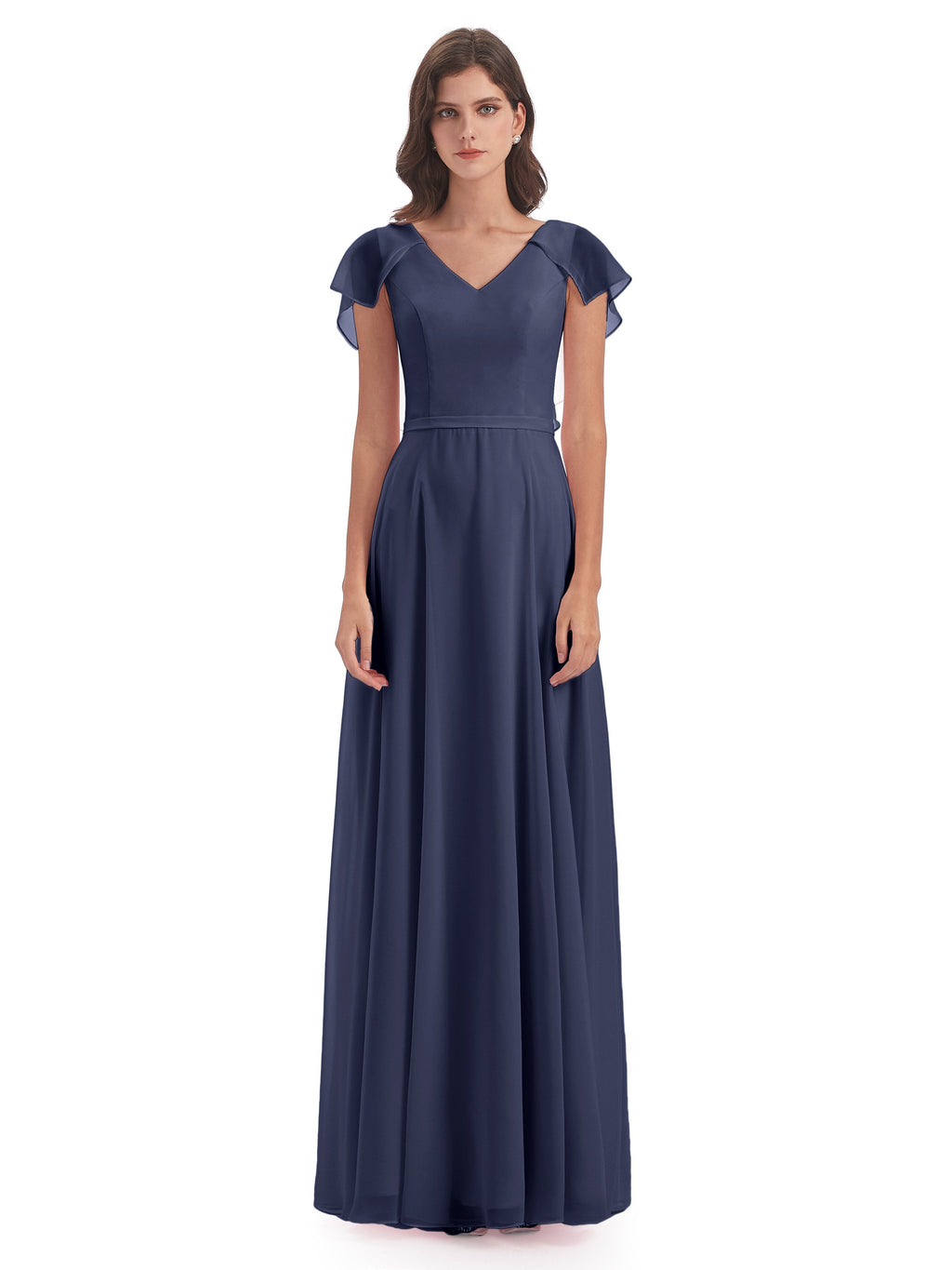 Paityn Sheath V-neck Ruffles Chiffon Long Bridesmaid Dresses