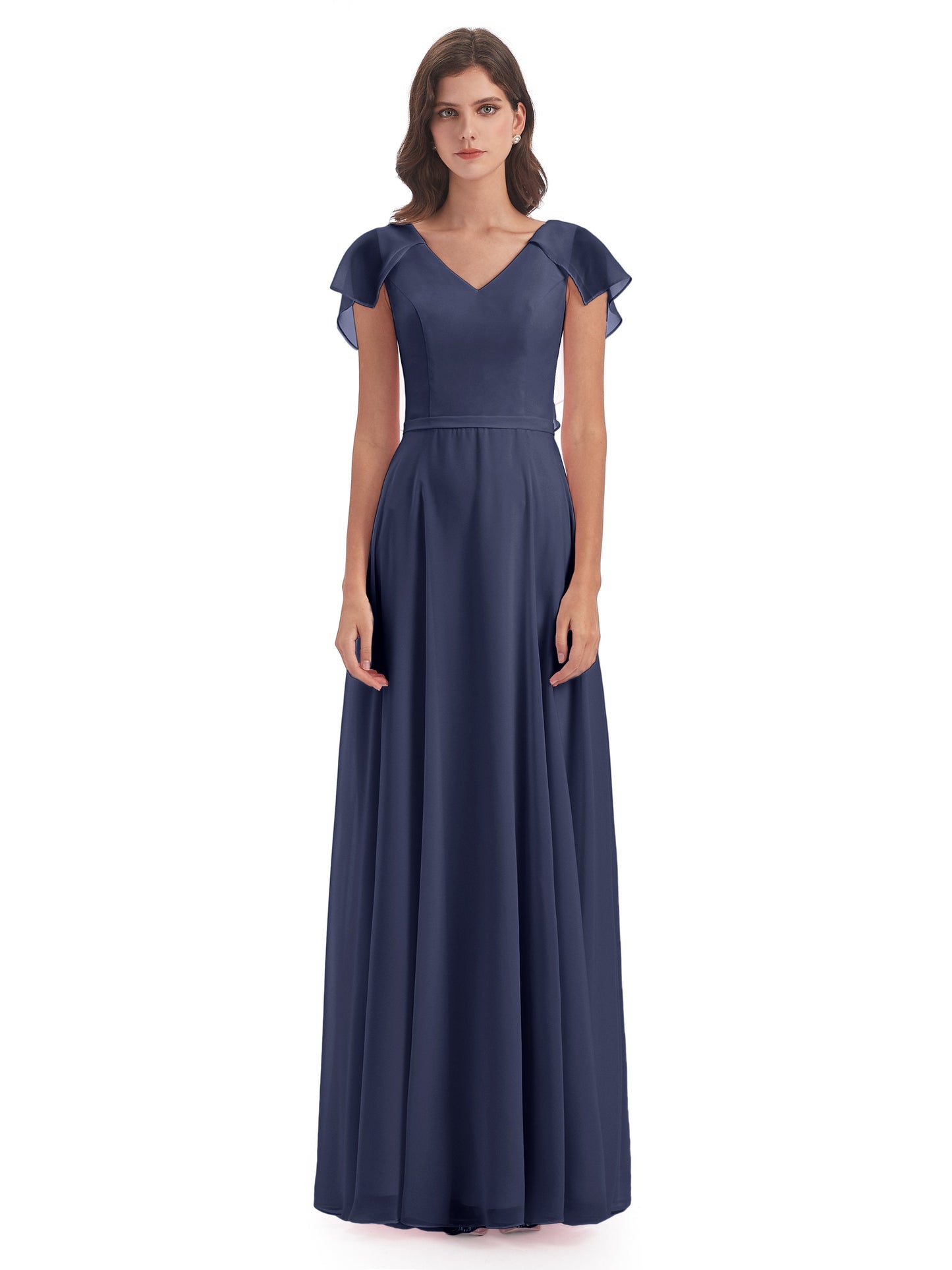 Paityn Sheath V-neck Ruffles Chiffon Long Bridesmaid Dresses