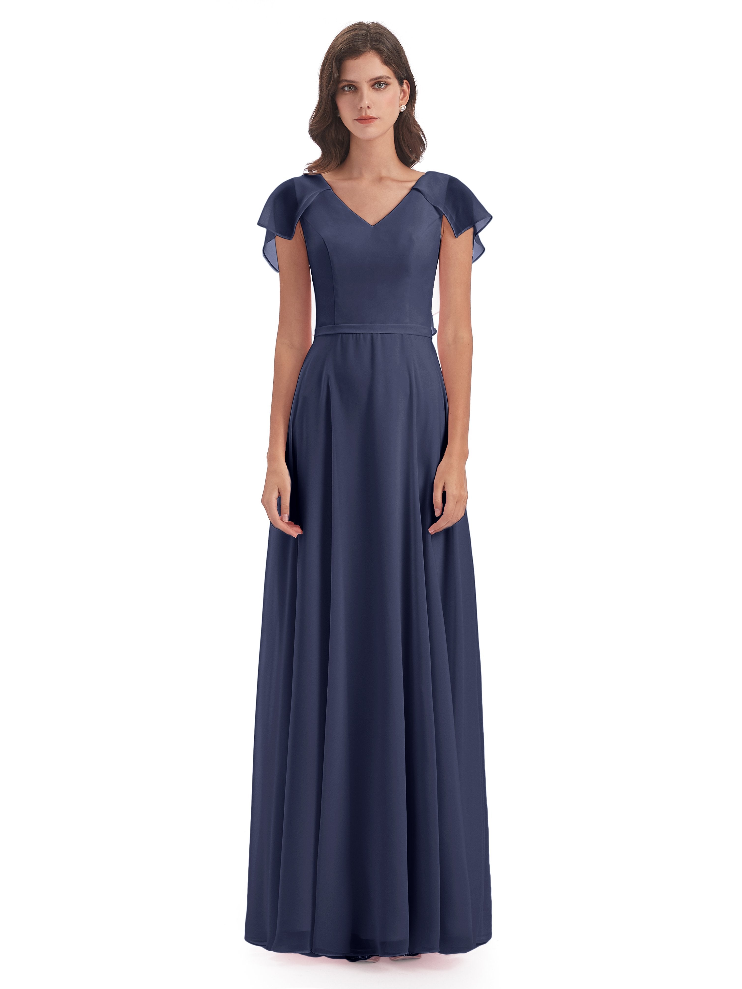 Paityn Sheath V-neck Ruffles Chiffon Long Bridesmaid Dresses