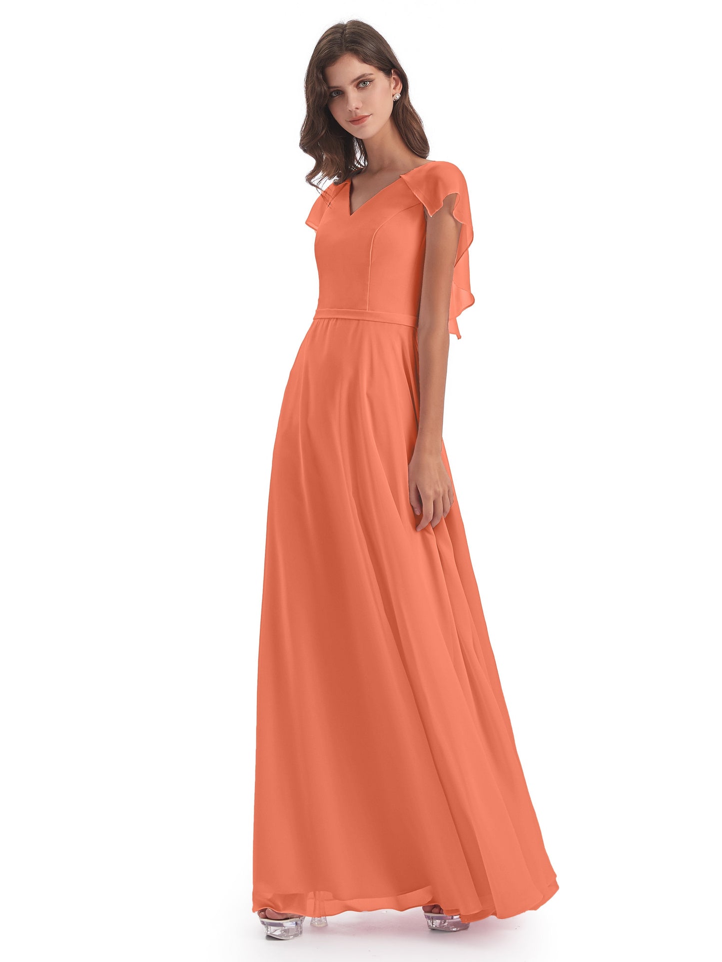 Paityn Sheath V-neck Ruffles Chiffon Long Bridesmaid Dresses