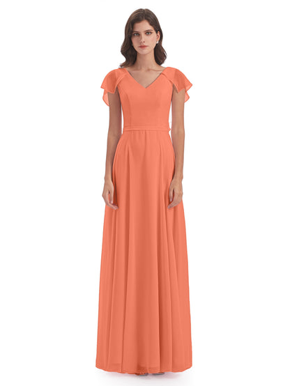 Paityn Sheath V-neck Ruffles Chiffon Long Bridesmaid Dresses