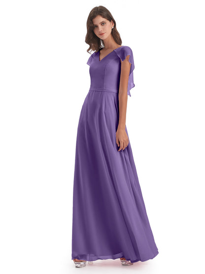 Paityn Sheath V-neck Ruffles Chiffon Long Bridesmaid Dresses