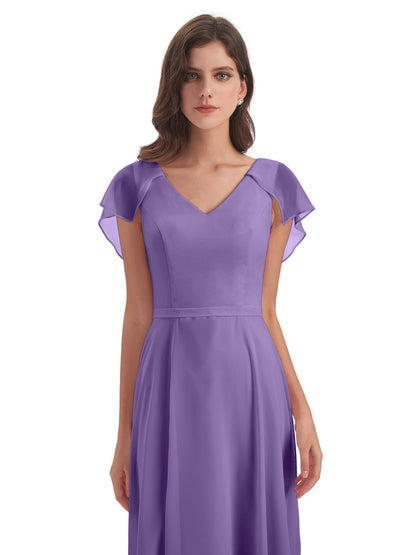 Paityn Sheath V-neck Ruffles Chiffon Long Bridesmaid Dresses