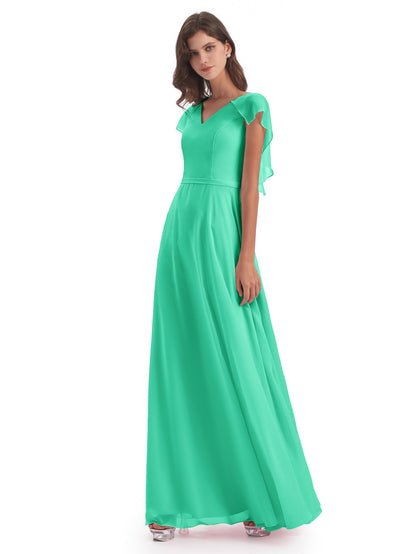 Paityn Sheath V-neck Ruffles Chiffon Long Bridesmaid Dresses