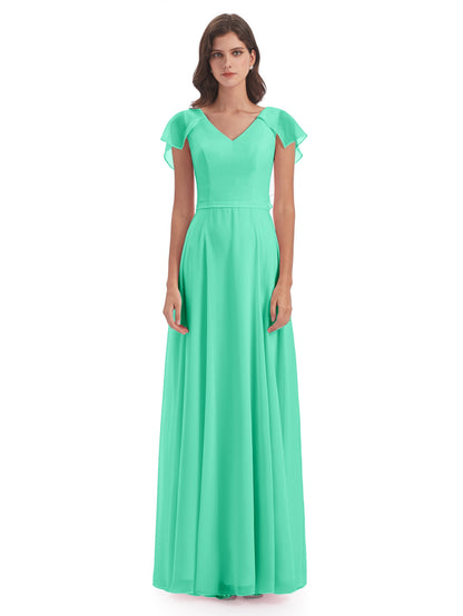 Paityn Sheath V-neck Ruffles Chiffon Long Bridesmaid Dresses
