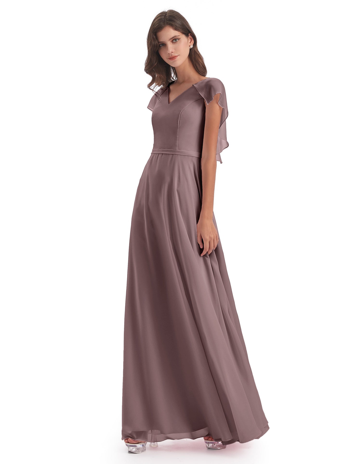 Paityn Sheath V-neck Ruffles Chiffon Long Bridesmaid Dresses