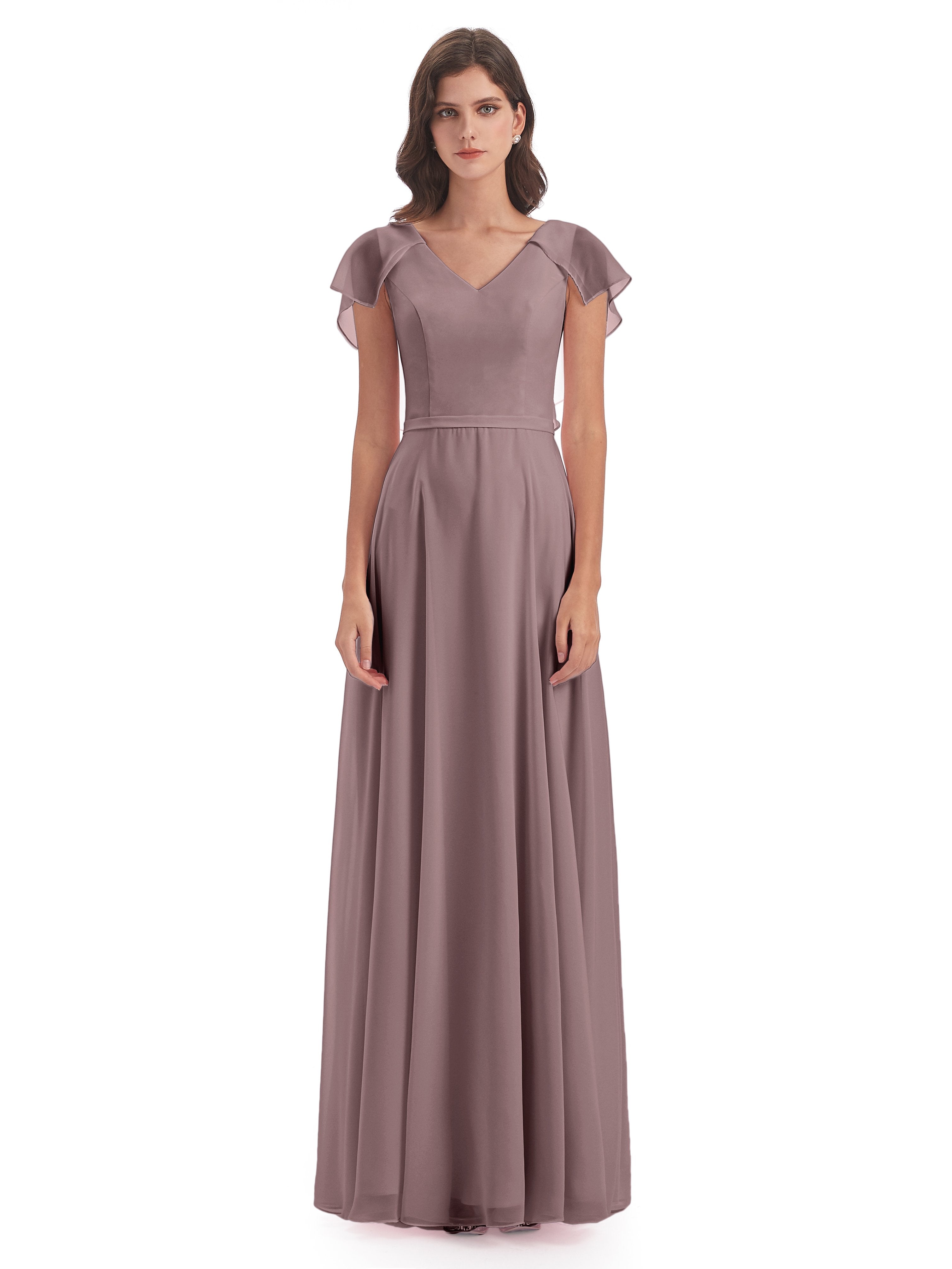 Paityn Sheath V-neck Ruffles Chiffon Long Bridesmaid Dresses