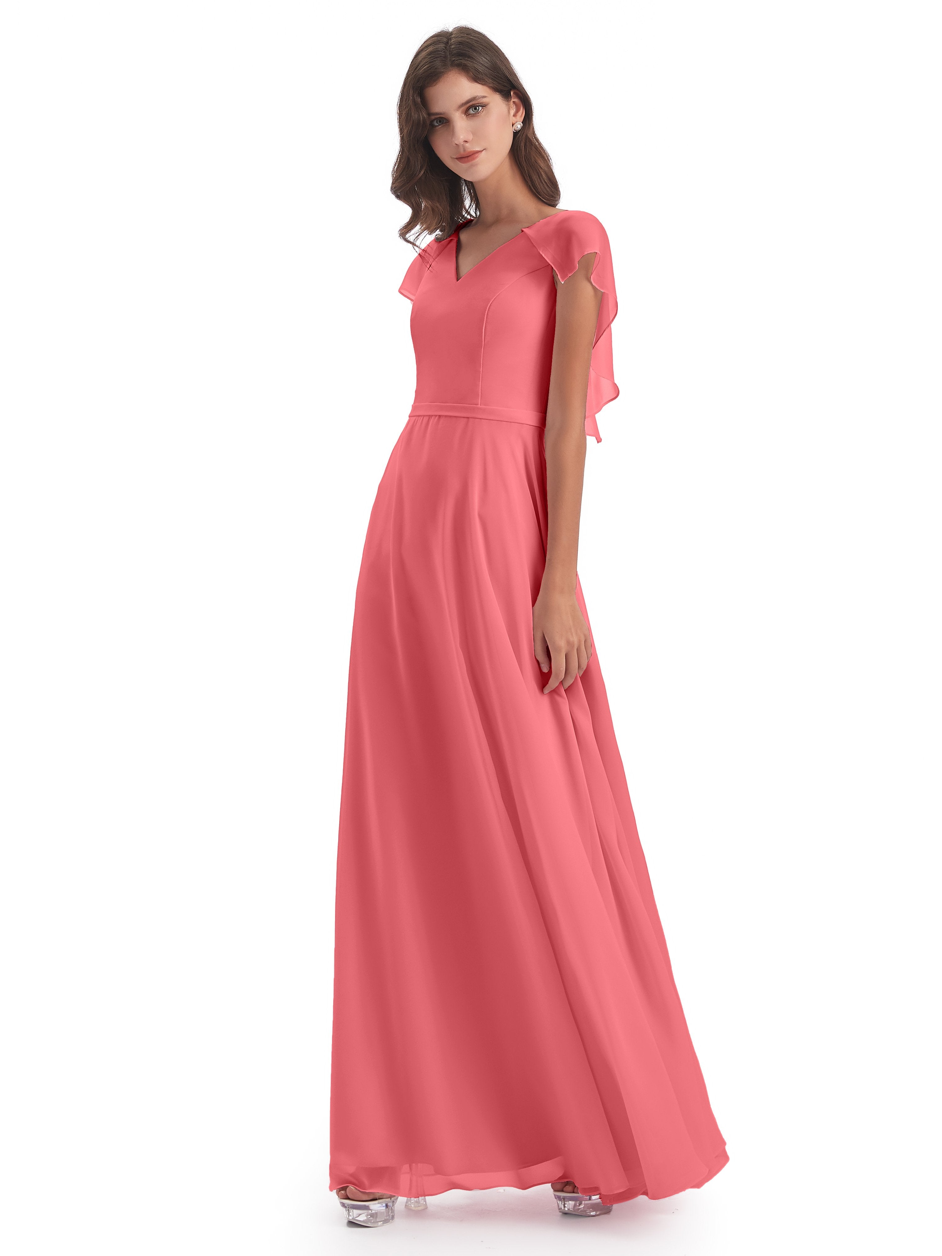 Paityn Sheath V-neck Ruffles Chiffon Long Bridesmaid Dresses