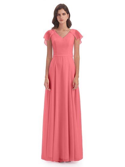 Paityn Sheath V-neck Ruffles Chiffon Long Bridesmaid Dresses