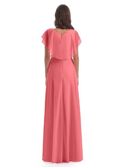 Paityn Sheath V-neck Ruffles Chiffon Long Bridesmaid Dresses