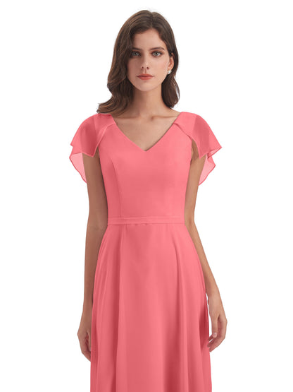 Paityn Sheath V-neck Ruffles Chiffon Long Bridesmaid Dresses