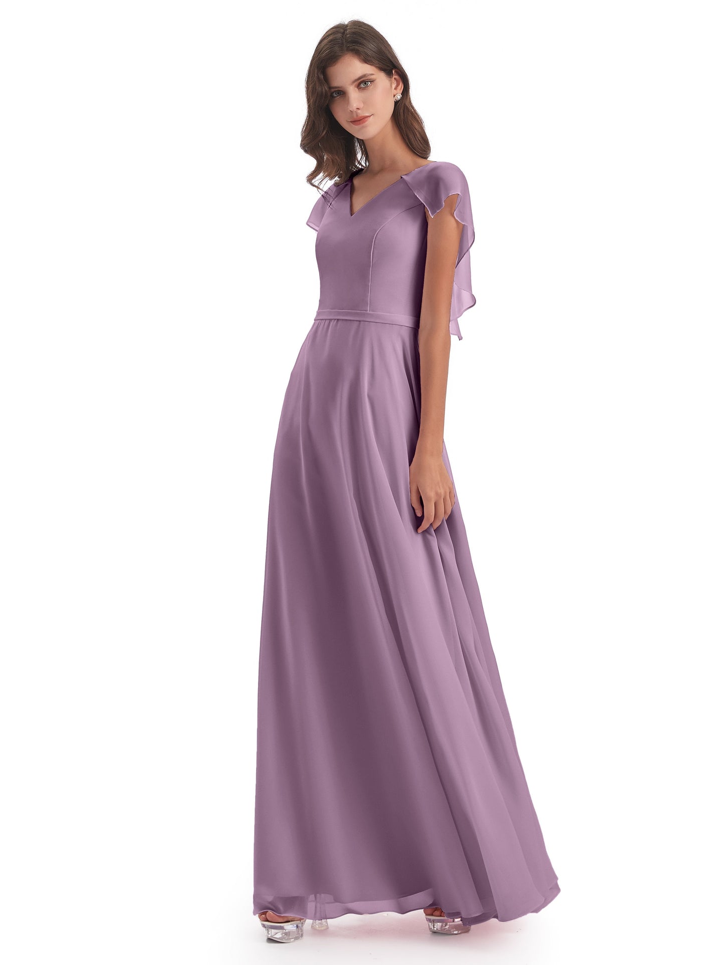 Paityn Sheath V-neck Ruffles Chiffon Long Bridesmaid Dresses