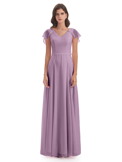 Paityn Sheath V-neck Ruffles Chiffon Long Bridesmaid Dresses