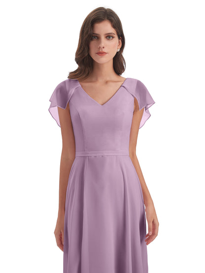 Paityn Sheath V-neck Ruffles Chiffon Long Bridesmaid Dresses