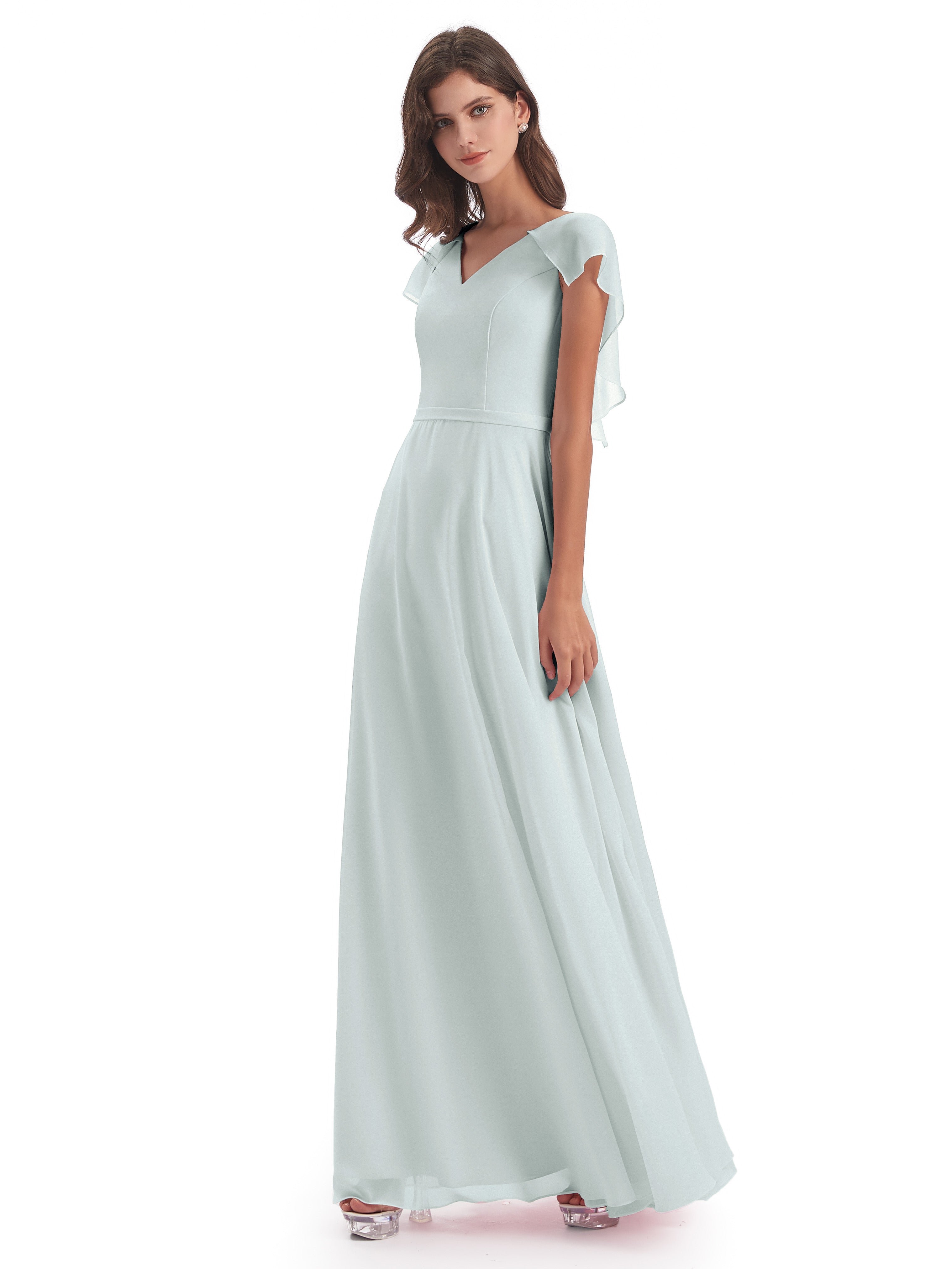 Paityn Sheath V-neck Ruffles Chiffon Long Bridesmaid Dresses