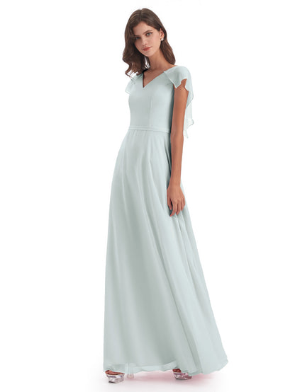 Paityn Sheath V-neck Ruffles Chiffon Long Bridesmaid Dresses