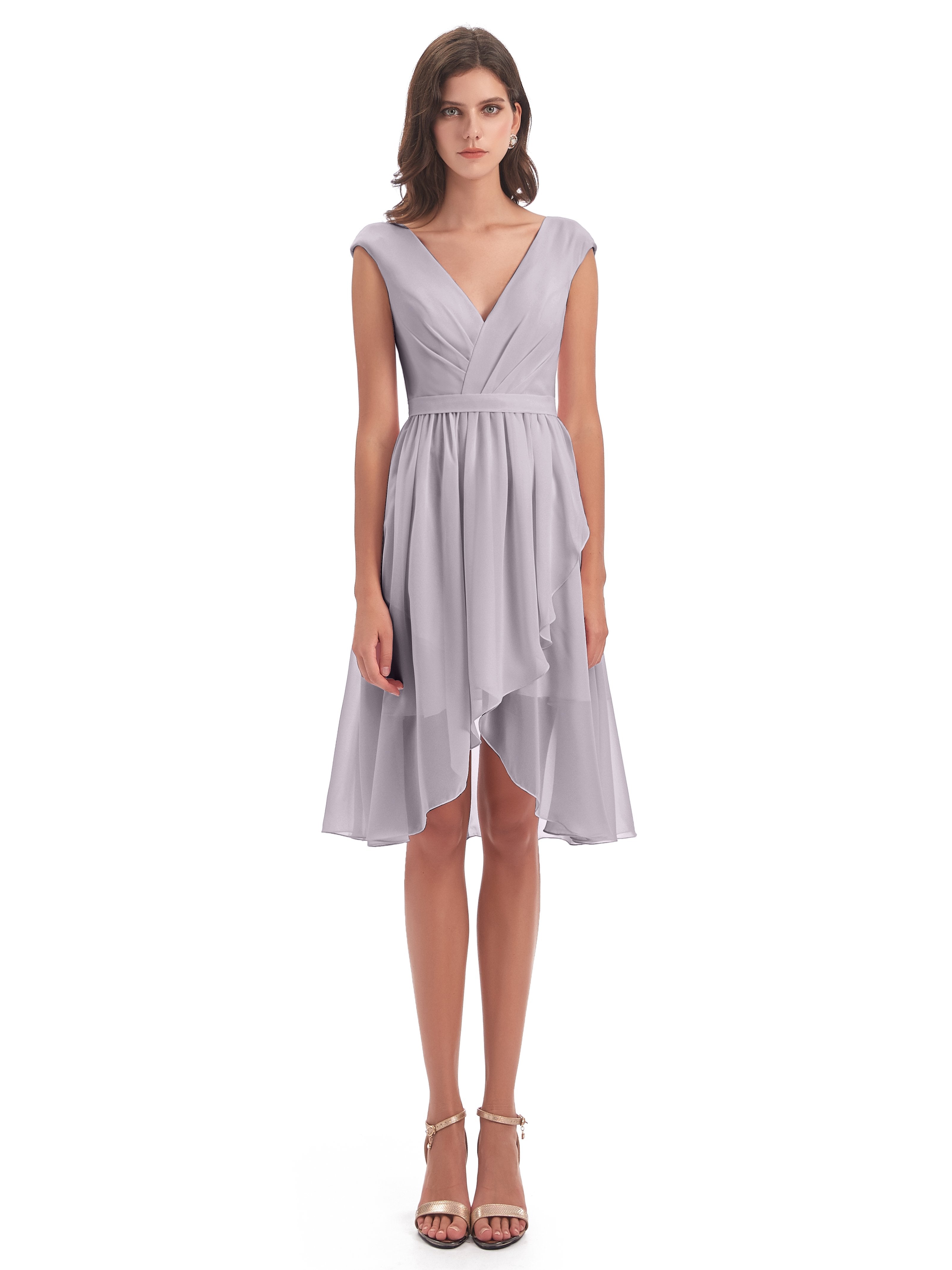 Renee Knee Length V-Neck Chiffon Bridesmaid Dresses