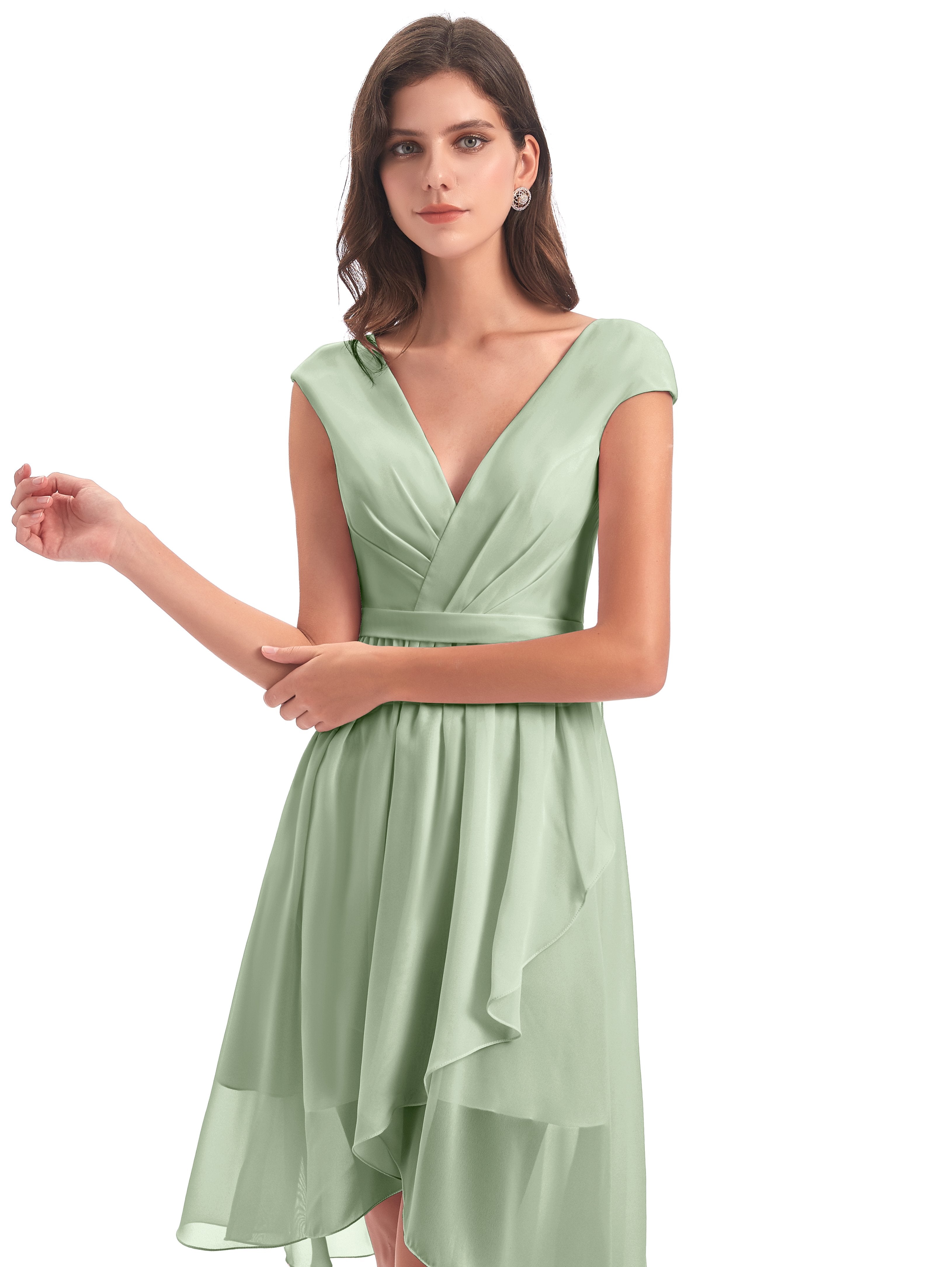 Renee Knee Length V-Neck Chiffon Bridesmaid Dresses