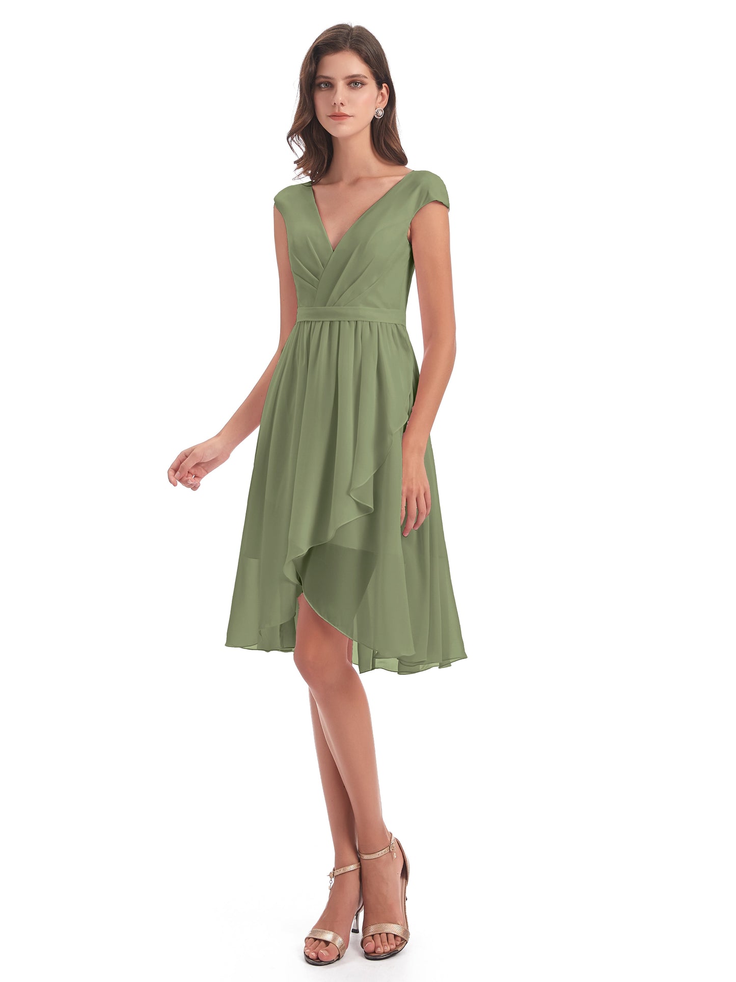 Renee Knee Length V-Neck Chiffon Bridesmaid Dresses