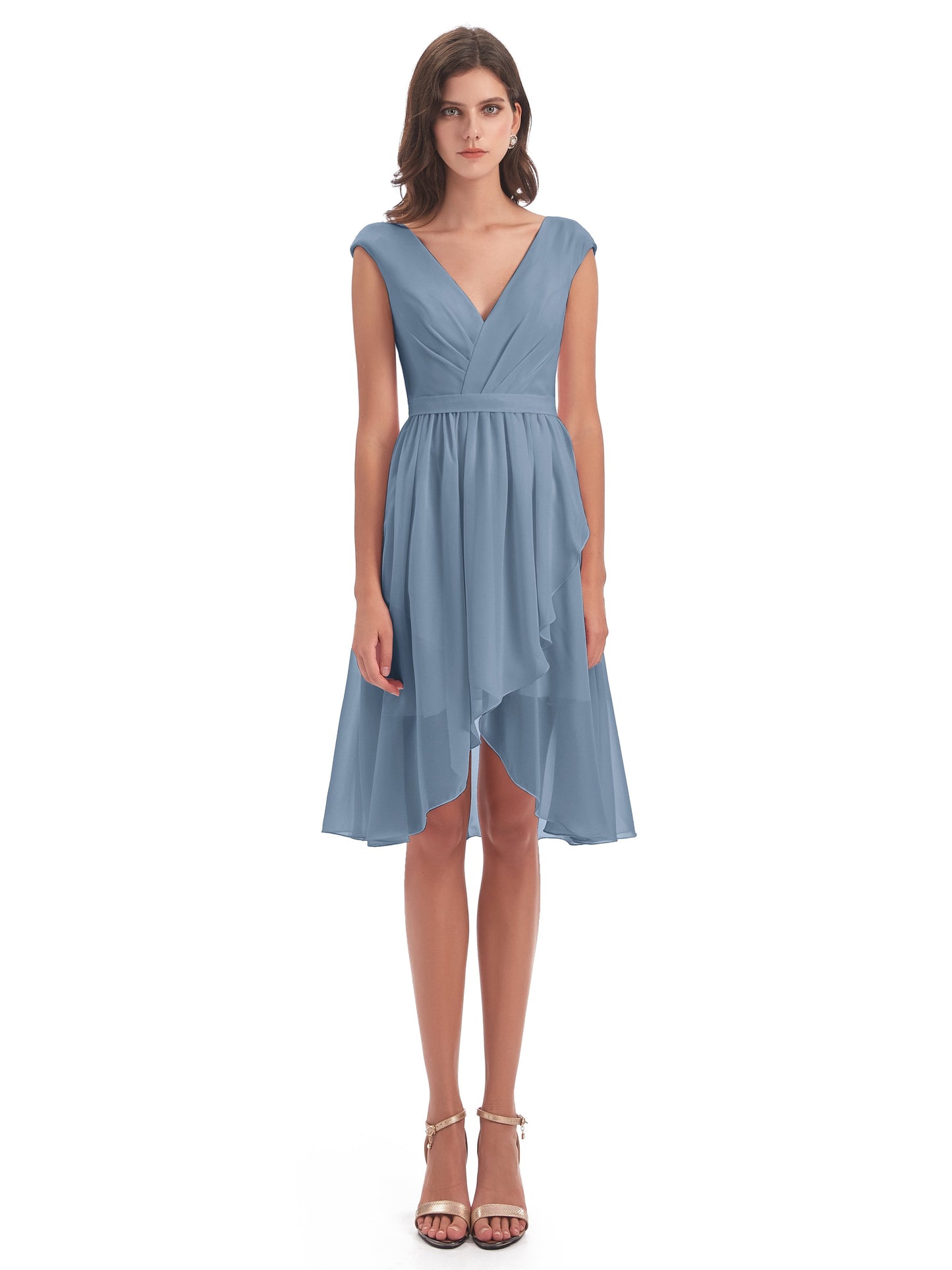 Renee Knee Length V-Neck Chiffon Bridesmaid Dresses