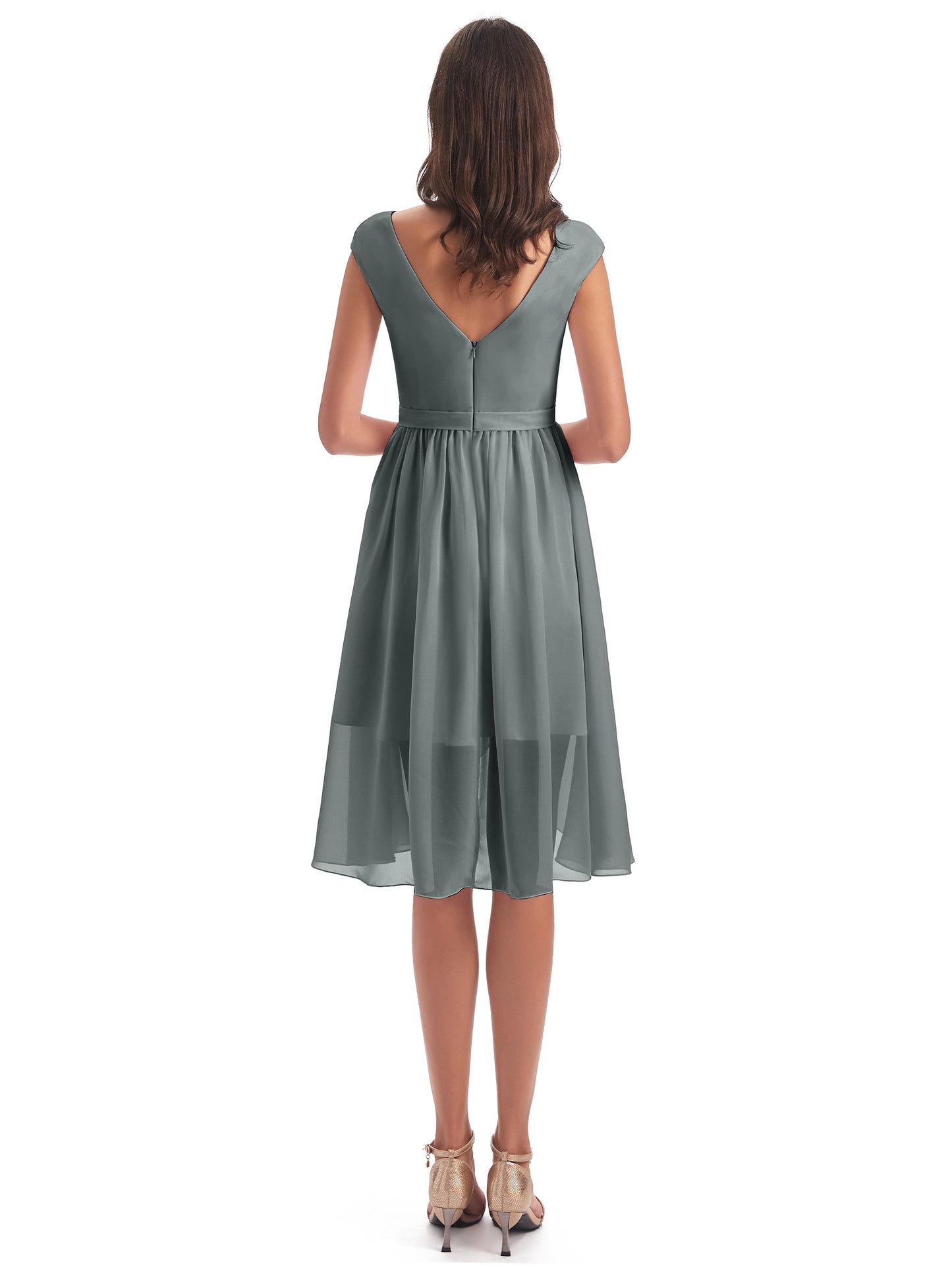 Renee Knee Length V-Neck Chiffon Bridesmaid Dresses