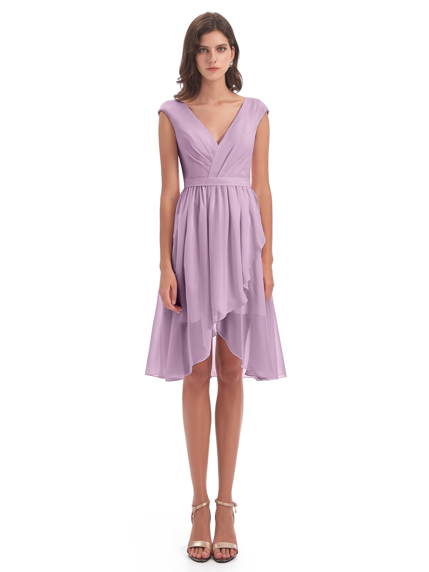 Renee Knee Length V-Neck Chiffon Bridesmaid Dresses