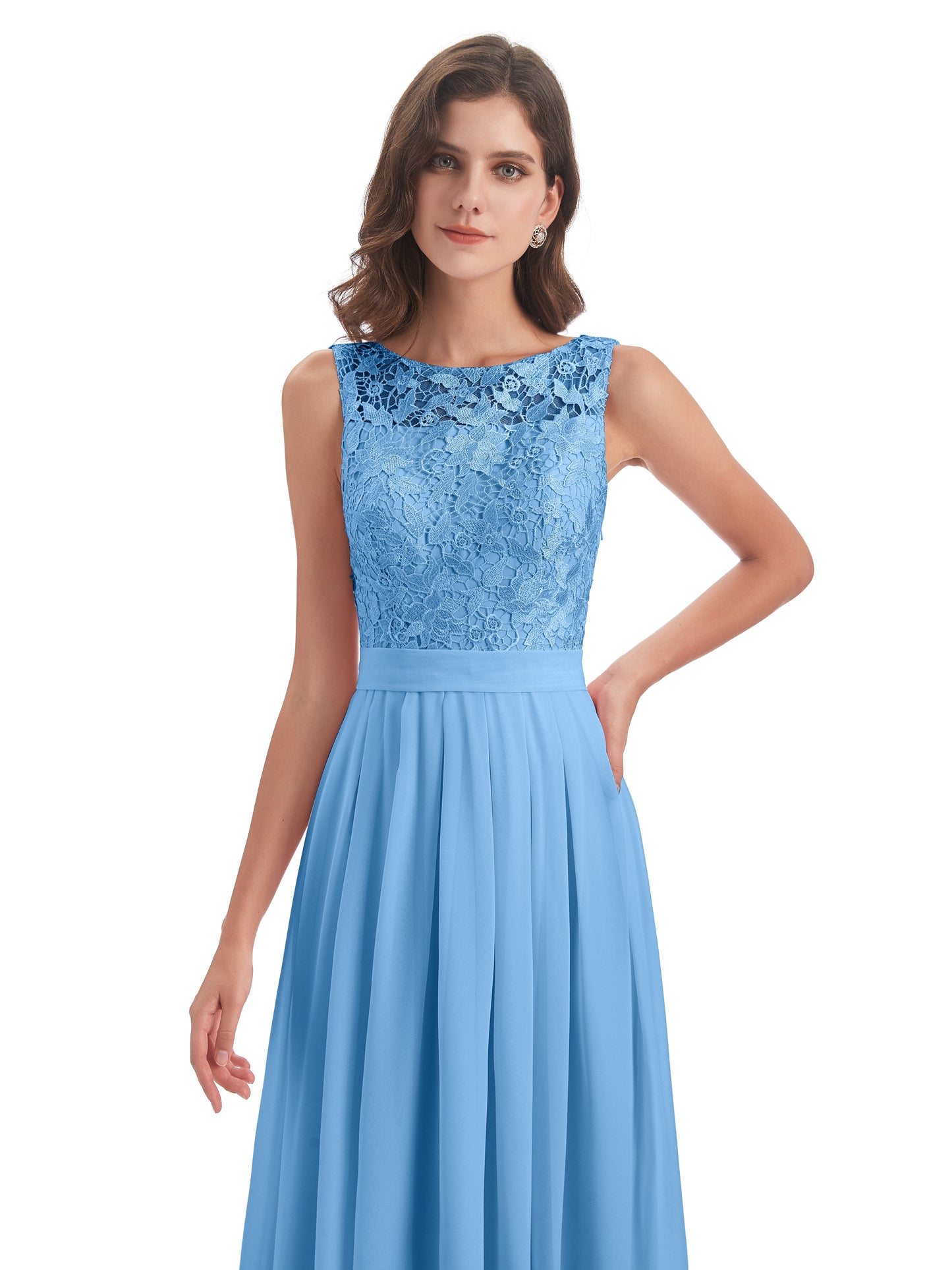 Riya Illusion Open Back Lace Long Bridesmaid Dresses