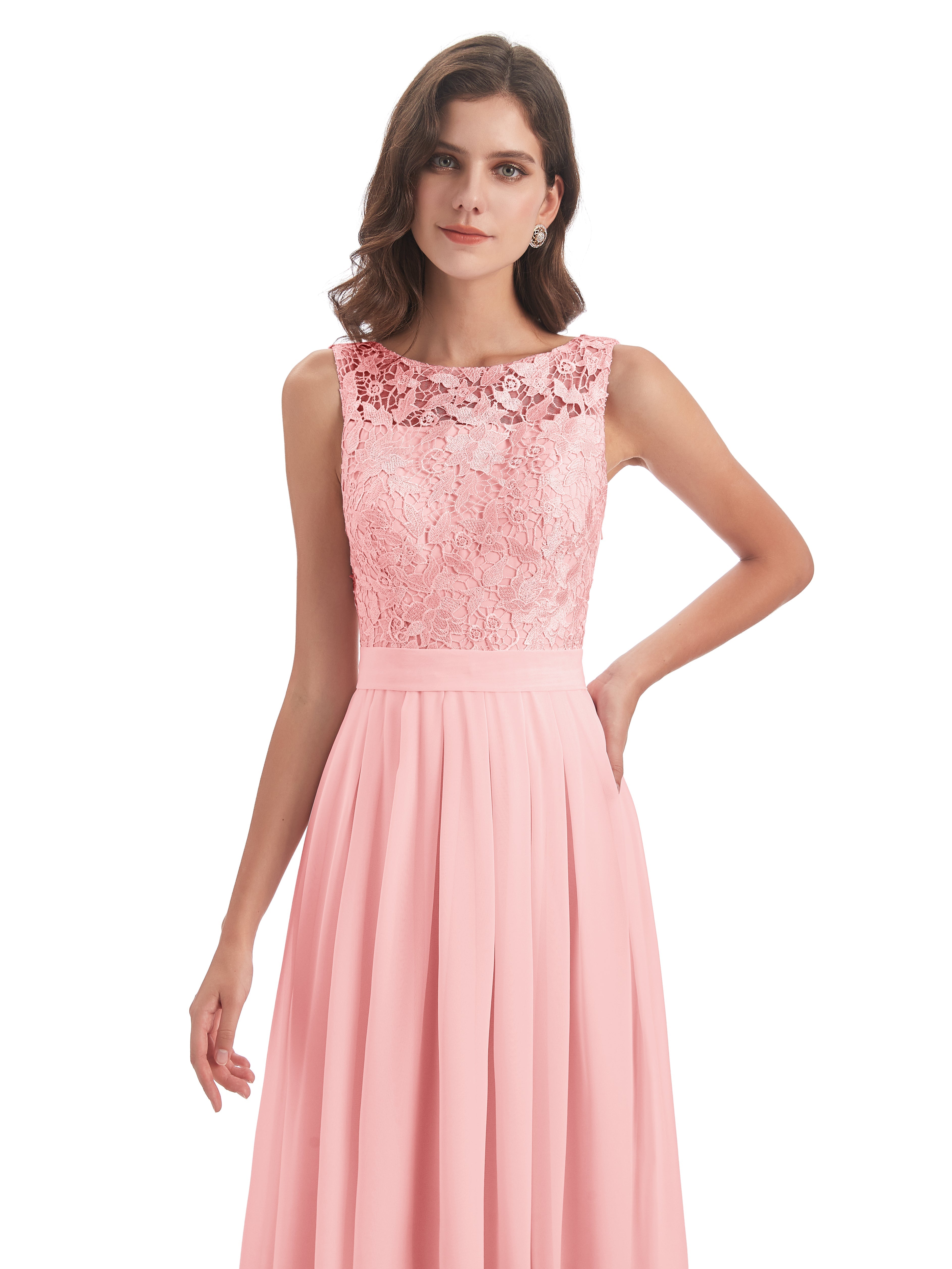 Riya Illusion Open Back Lace Long Bridesmaid Dresses