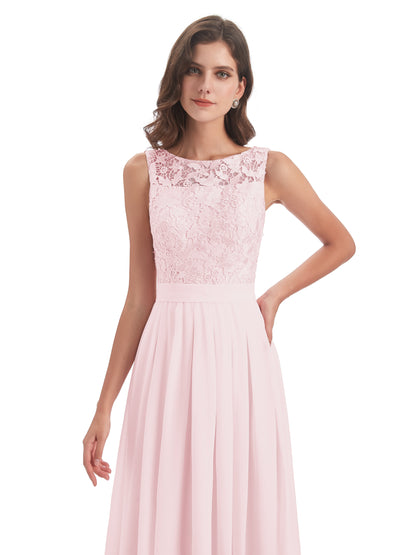 Riya Illusion Open Back Lace Long Bridesmaid Dresses