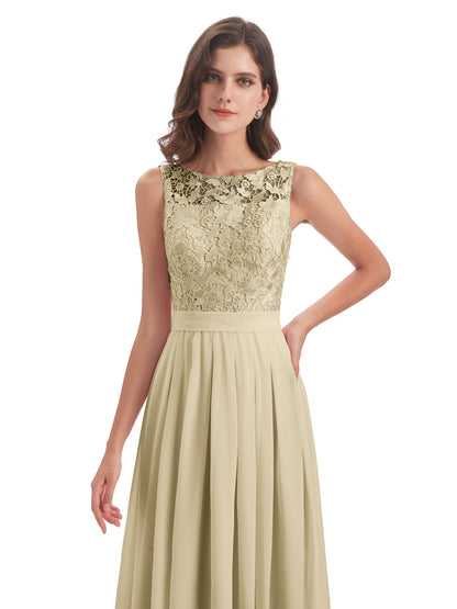 Riya Illusion Open Back Lace Long Bridesmaid Dresses
