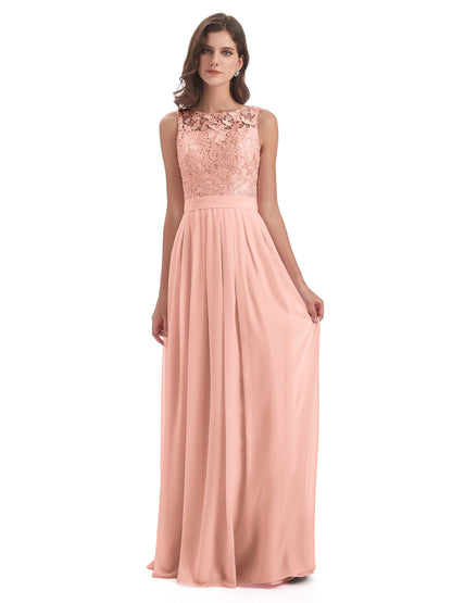 Riya Illusion Open Back Lace Long Bridesmaid Dresses