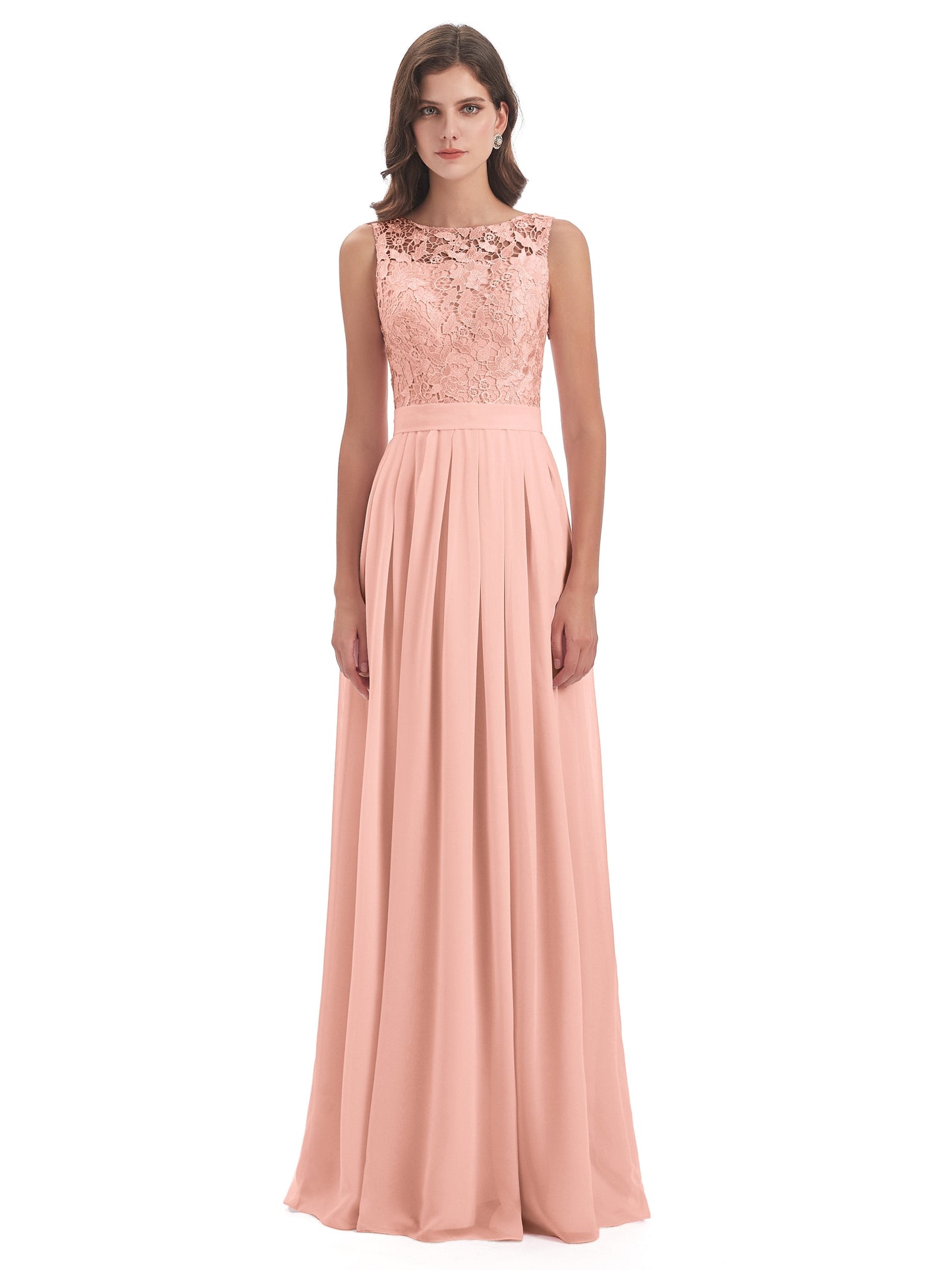 Riya Illusion Open Back Lace Long Bridesmaid Dresses