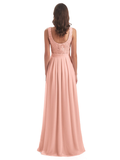 Riya Illusion Open Back Lace Long Bridesmaid Dresses