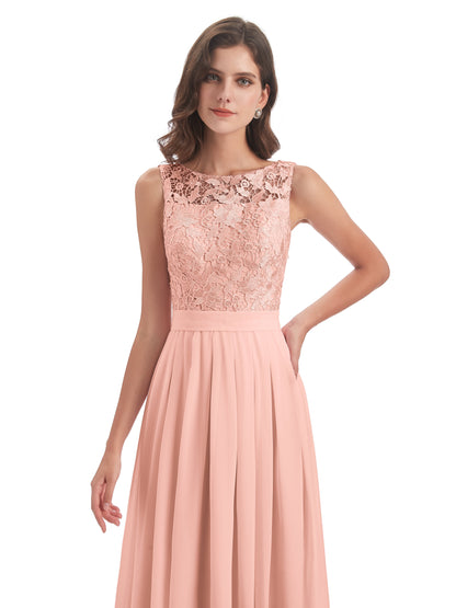 Riya Illusion Open Back Lace Long Bridesmaid Dresses