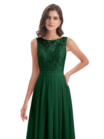 Riya Illusion Open Back Lace Long Bridesmaid Dresses