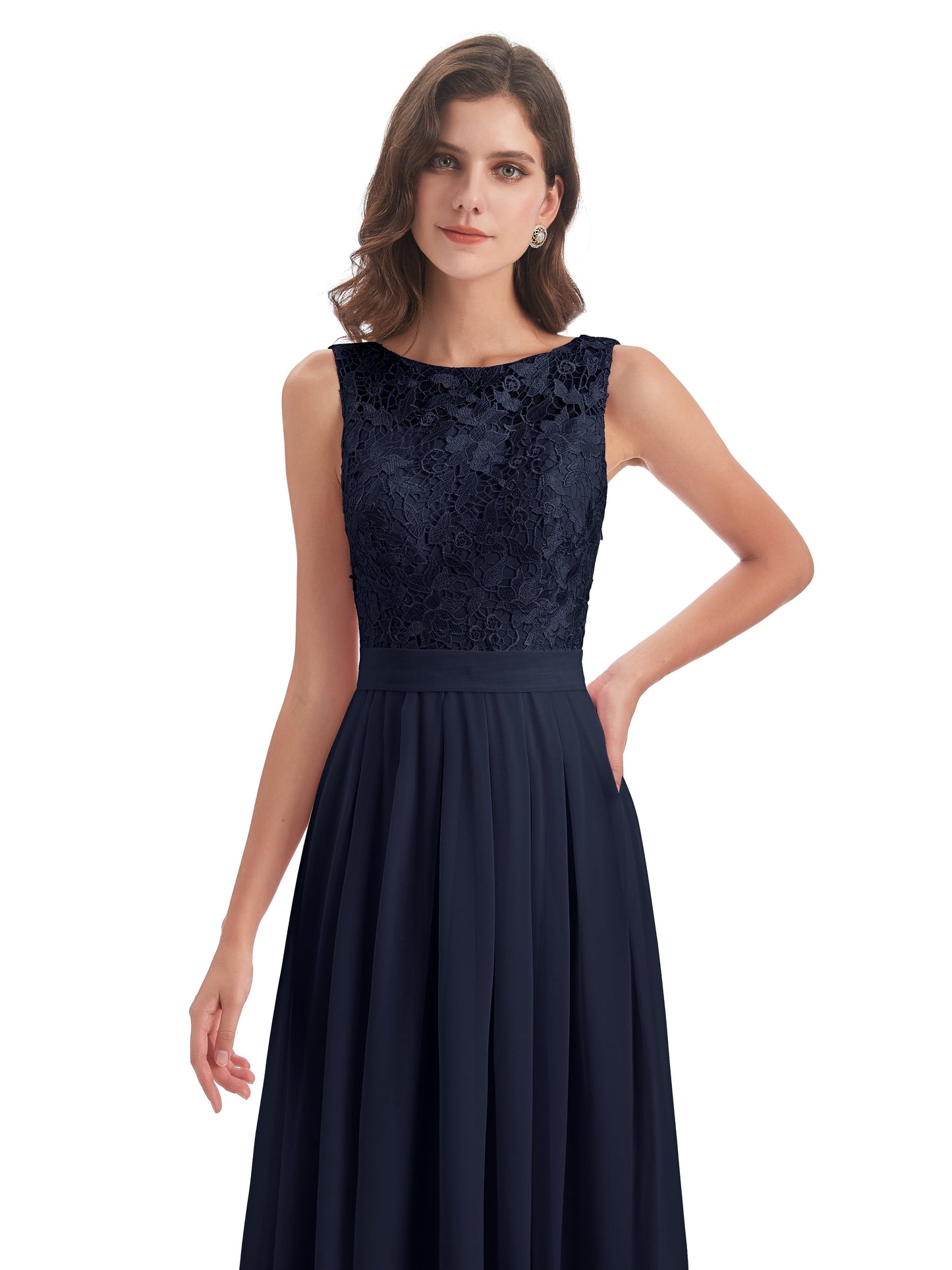 Riya Illusion Open Back Lace Long Bridesmaid Dresses