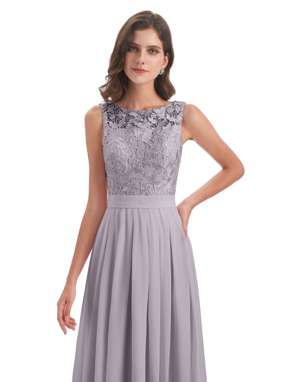 Riya Illusion Open Back Lace Long Bridesmaid Dresses